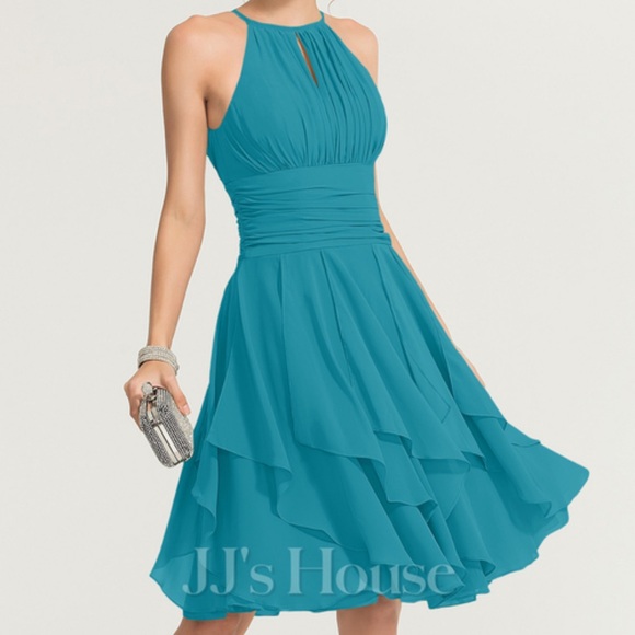 JJs House Dresses & Skirts - JJ’s House Halter Neck Chiffon Cocktail Peacock Dress Cascading Ruffles 8 NWT